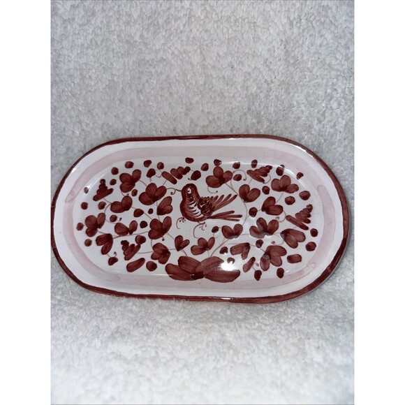 Deruta Mario Sambuco Italian Pottery Red and White Oval 8” Dish with Bird - Picture 1 of 4